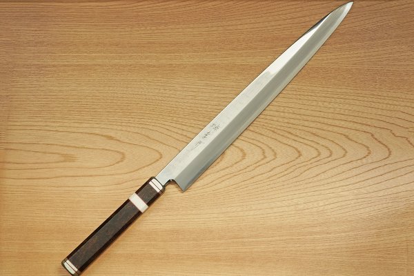 三段銀巻 白水牛角 柳刃300 スタビライズドウッド八角柄 柳刃尺